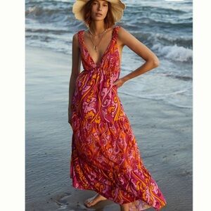 Anthropologie Pink & Orange Printed V-Neck Midi Dress